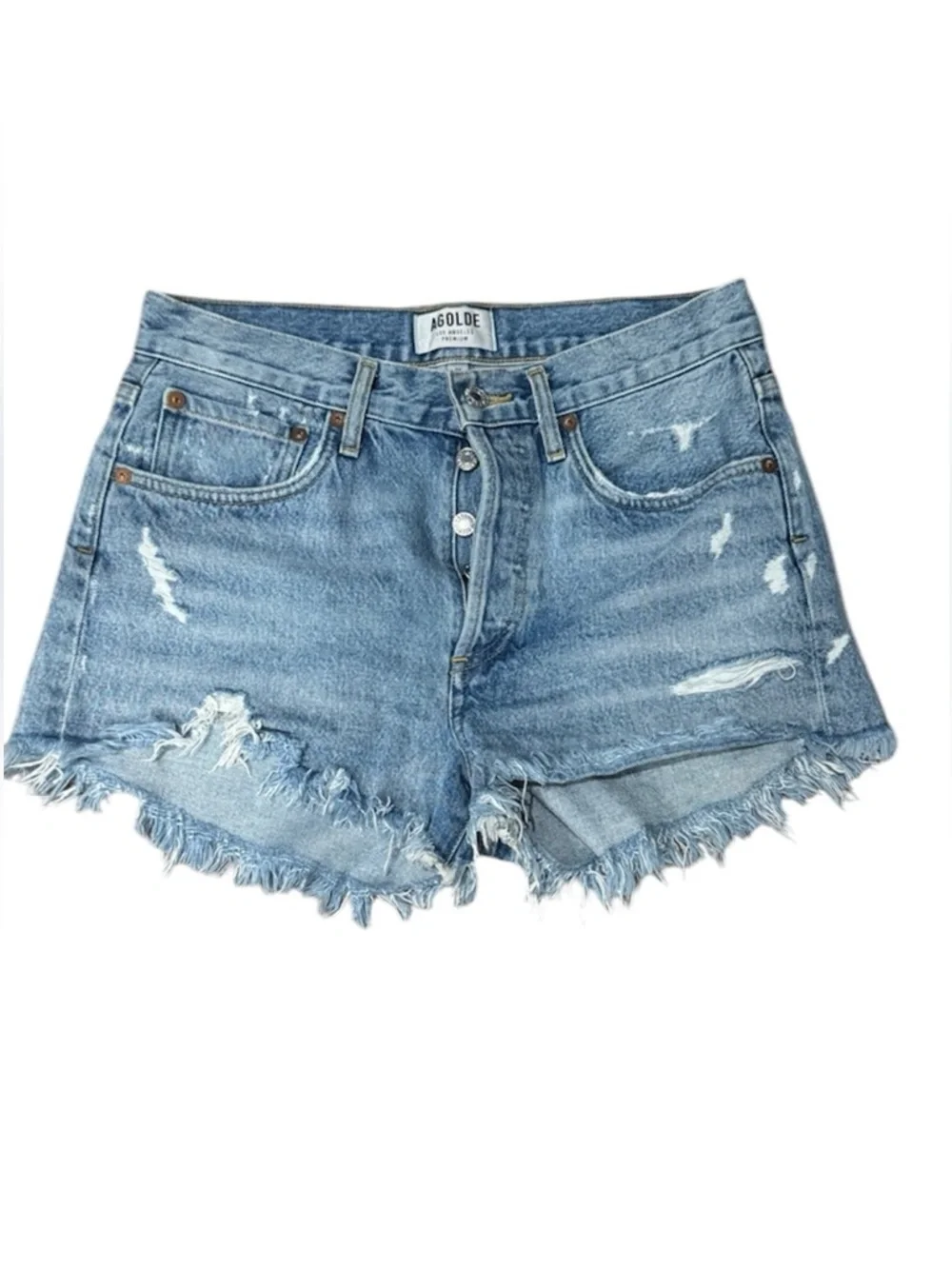 AGOLDE Distressed Denim Shorts Light Wash High Rise Cutoff Frayed Hem Size 25 - Picture 2 of 6